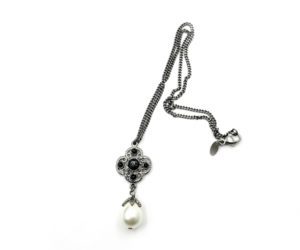 Chanel Gunmetal CC Black Bead Filigree Pearl Dangle Necklace