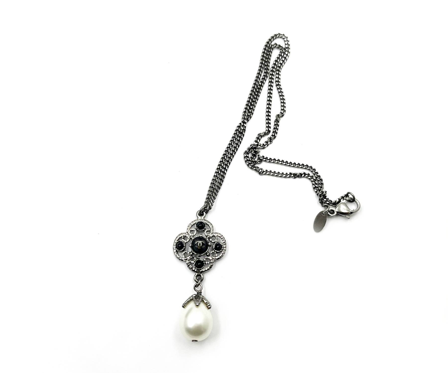 Chanel Gunmetal CC Black Bead Filigree Pearl Dangle Necklace