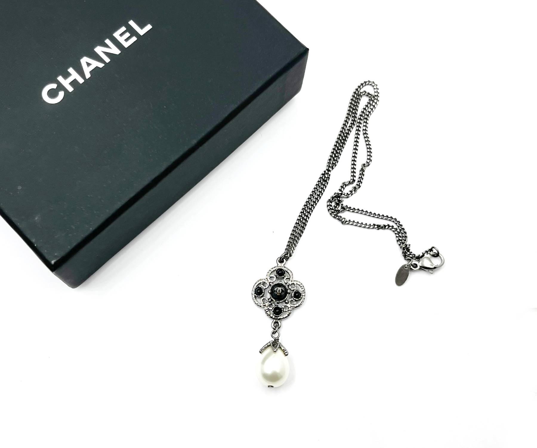 Chanel Gunmetal CC Black Bead Filigree Pearl Dangle Necklace - Image 2