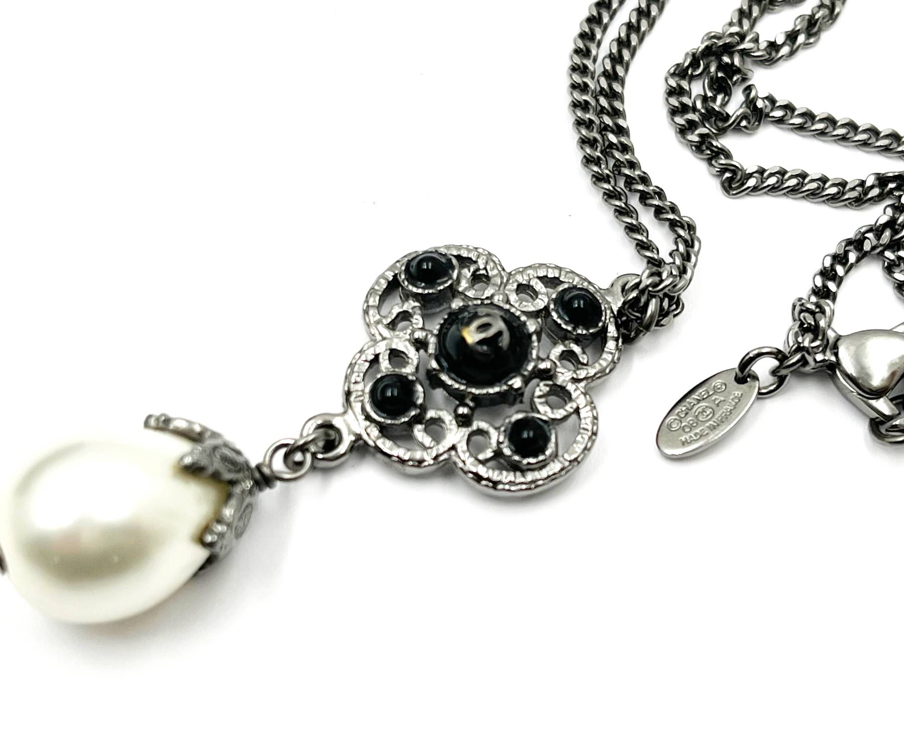 Chanel Gunmetal CC Black Bead Filigree Pearl Dangle Necklace - Image 3