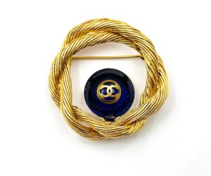 Chanel Vintage Gold Plated CC Blue Stone Rope Wreath Brooch