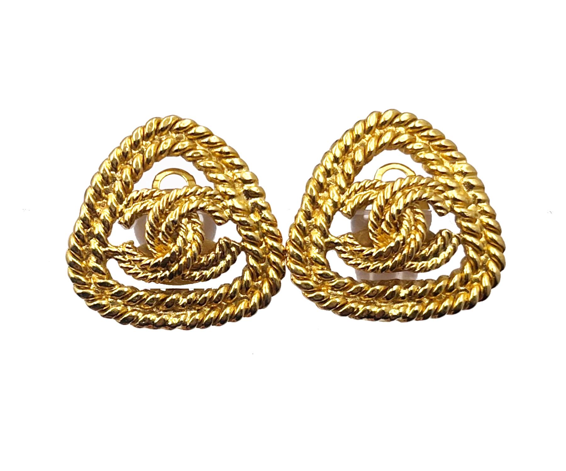 Chanel Vintage Gold Plated CC Rope Triangle Clip on Earrings