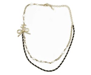 Chanel Light Gold CC Ribbon Bow Pearl Leather Chain Short Necklace
