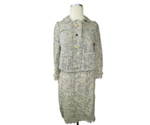 Louis Vuitton Classic Blue Beige Tweed Linen Mixed Jacket Skirt Suit