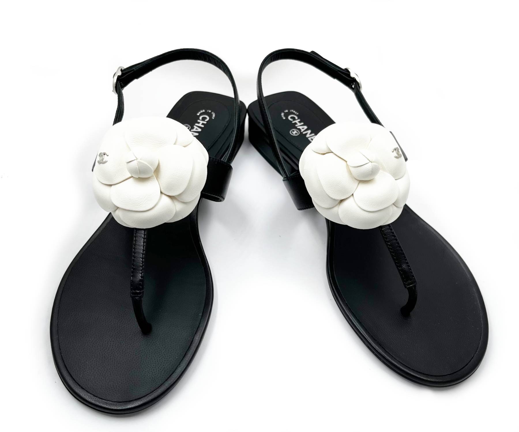 Chanel Brand New Sold Out White CC Black Leather Thong Sandals