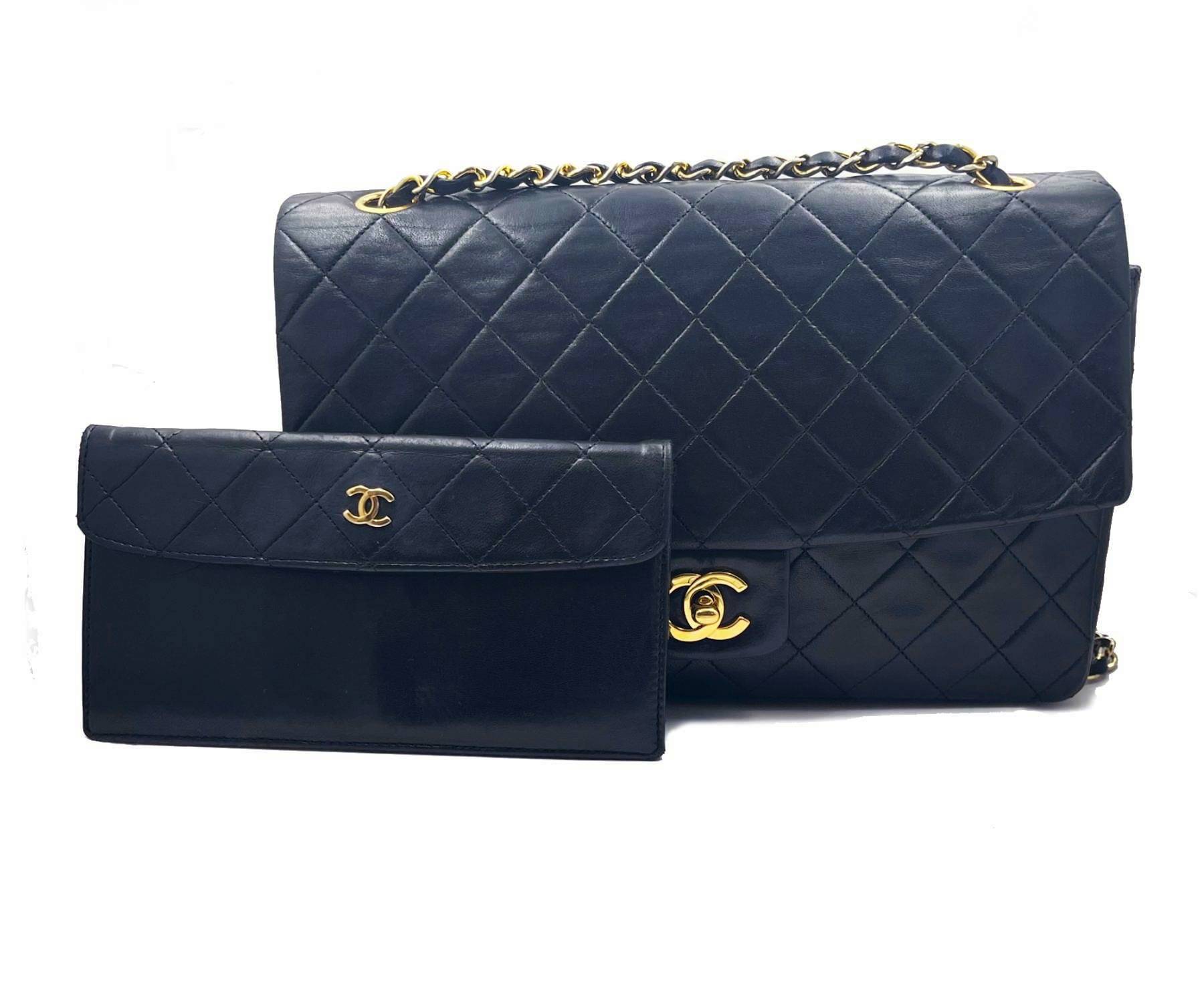 Chanel Vintage RARE Classic Flap Black Wallet Shoulder Bag Set