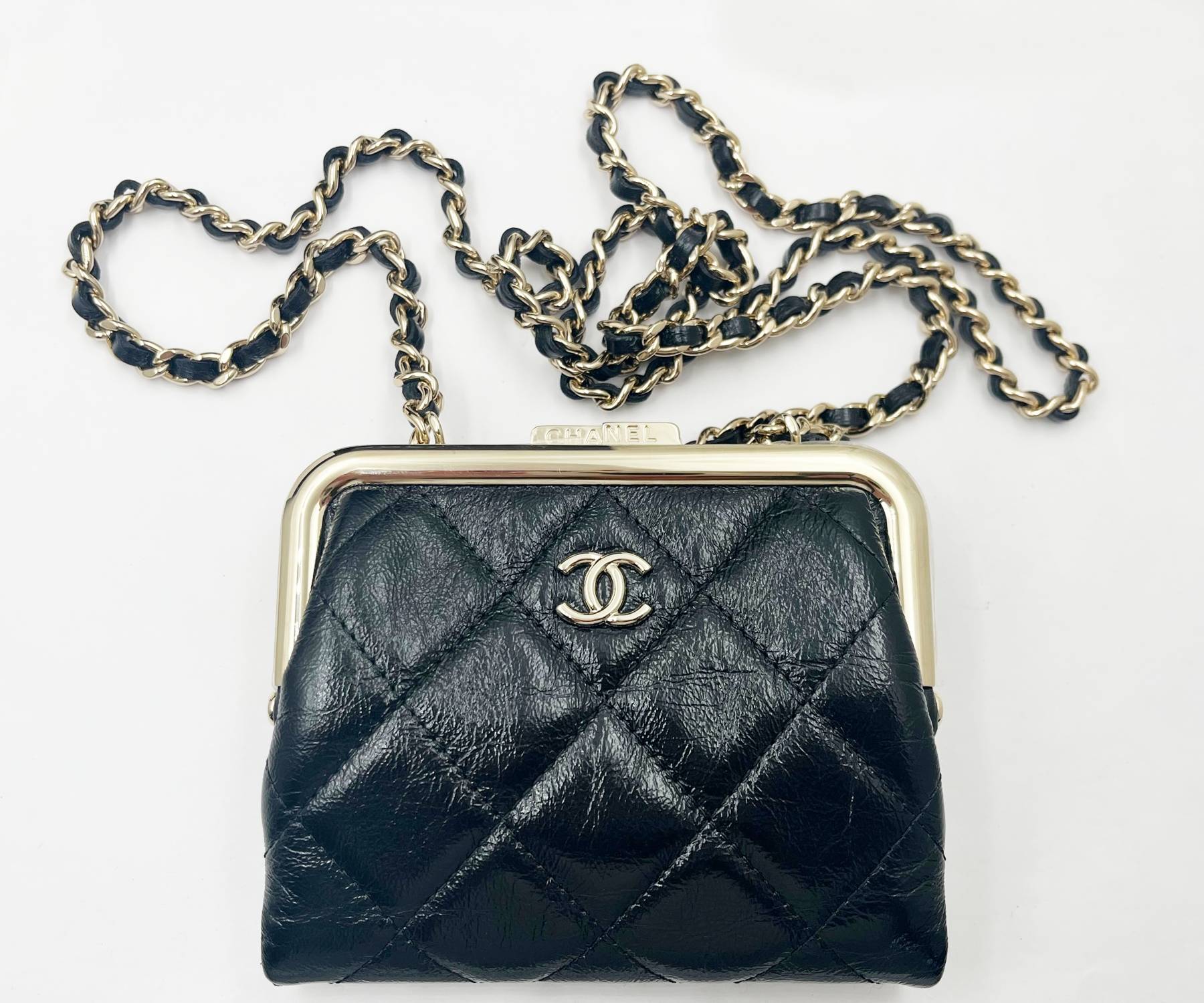 Chanel Brand New Black Crinkled Leather Coin Purse Crossbody Bag - LAR  Vintage