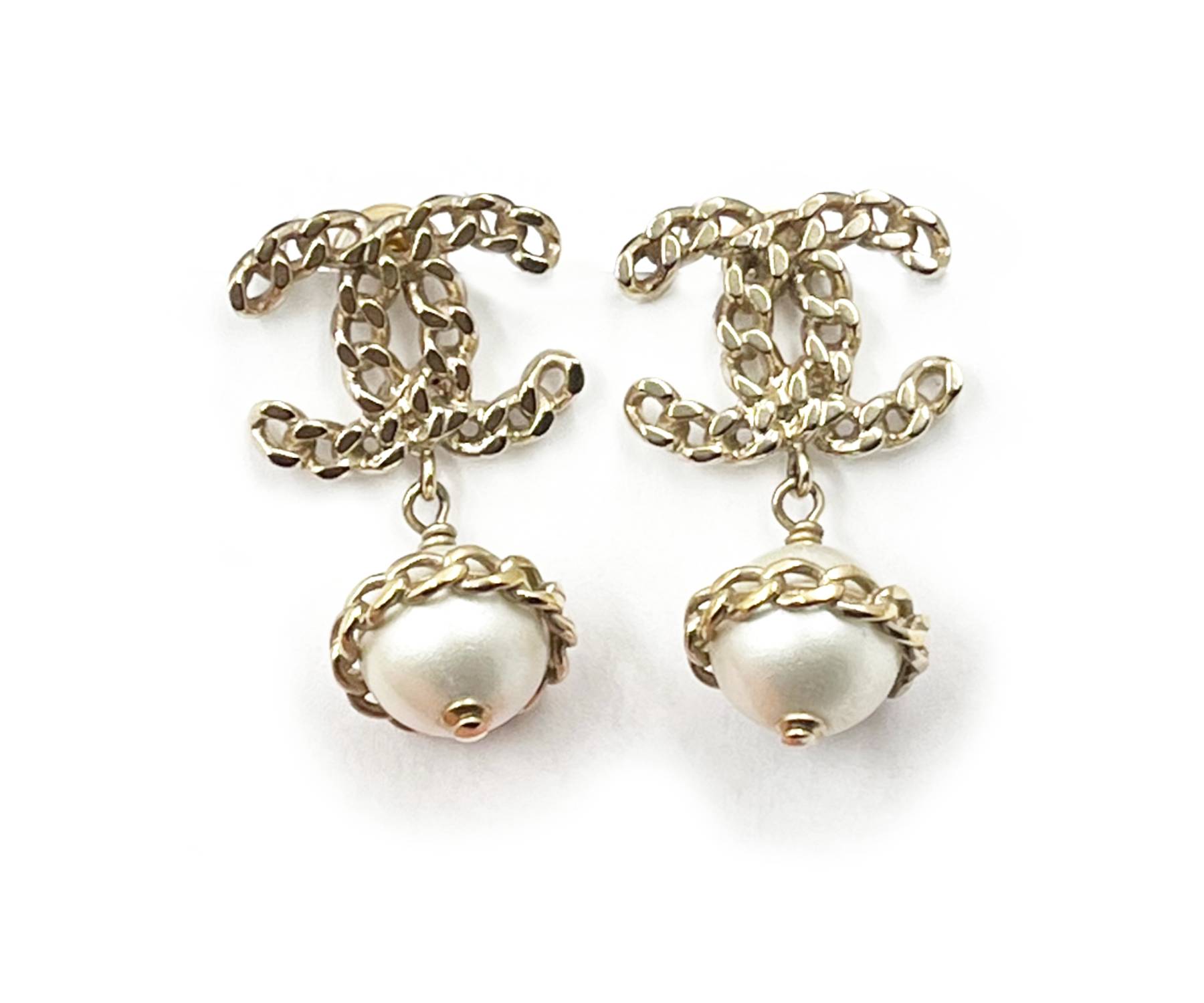 Chanel Gold Chain CC Pearl Dangle Piercing Earrings