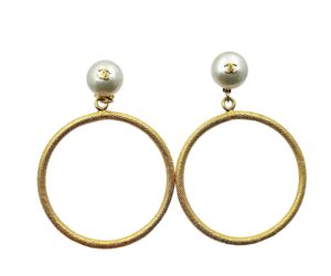Chanel Vintage Rare  Gold Plated CC Pearl Large Hoop Dangle Clip on Earrings