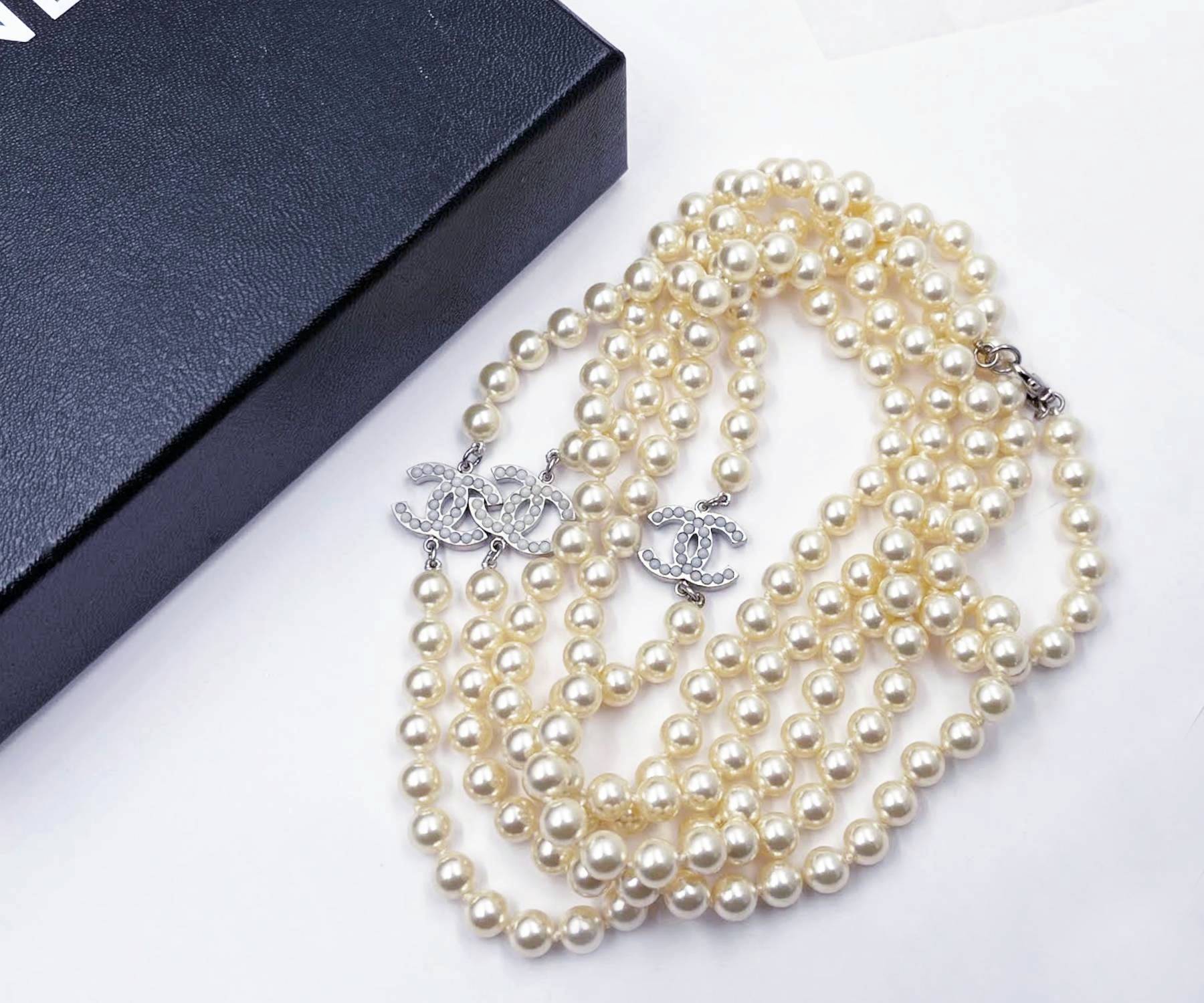 Chanel Classic Silver CC 72" Super Long Faux Pearl Necklace - Image 3