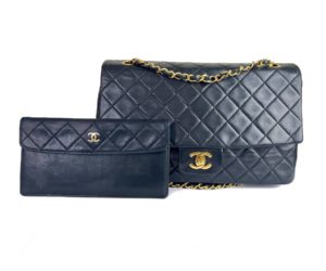 Chanel Vintage RARE Classic Flap Black Wallet Shoulder Bag Set