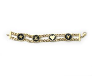 Chanel Vintage Gold Plated CC Heart Star Black Coin Bracelet