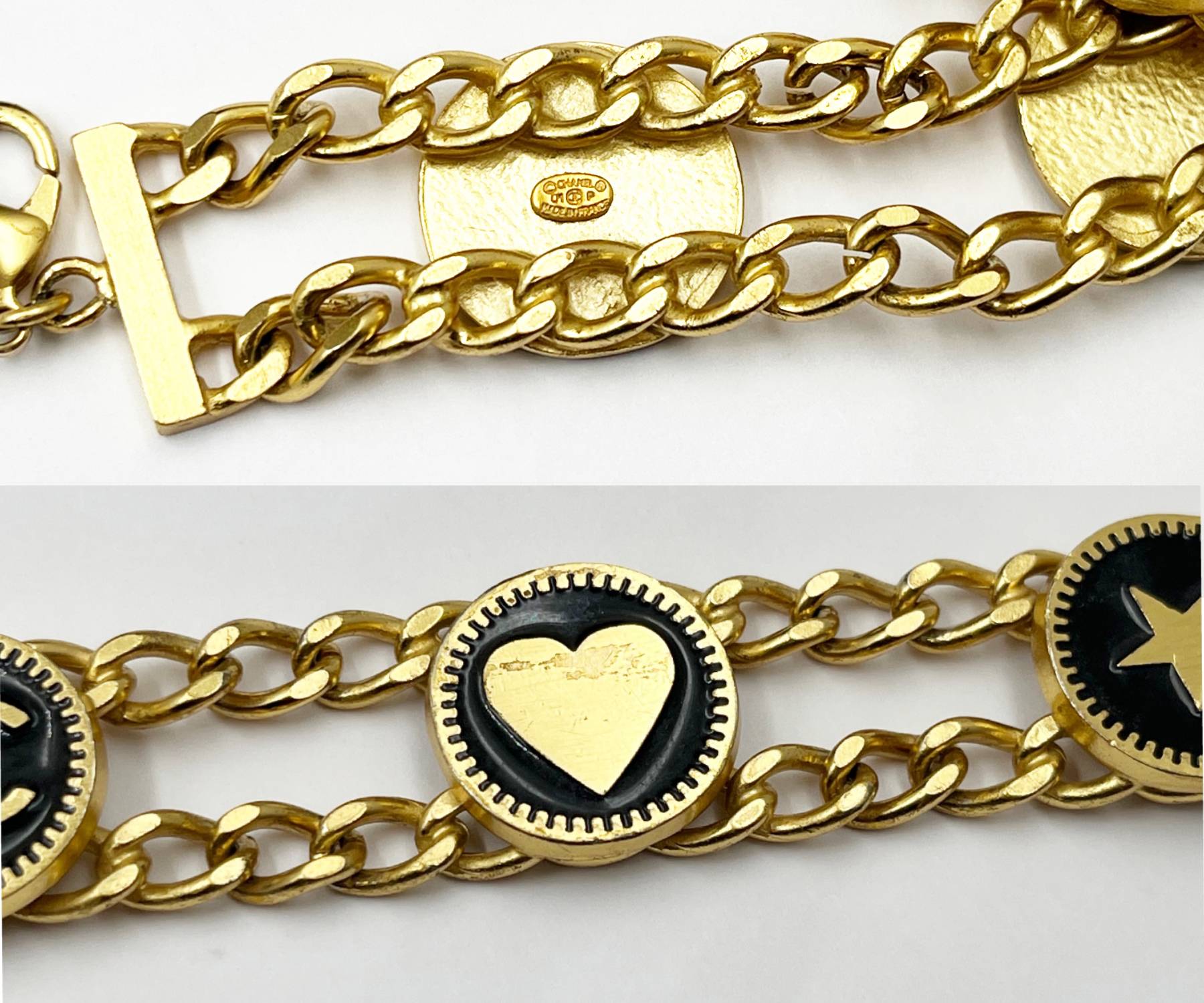 Chanel Vintage Gold Plated CC Heart Star Black Coin Bracelet - Image 4