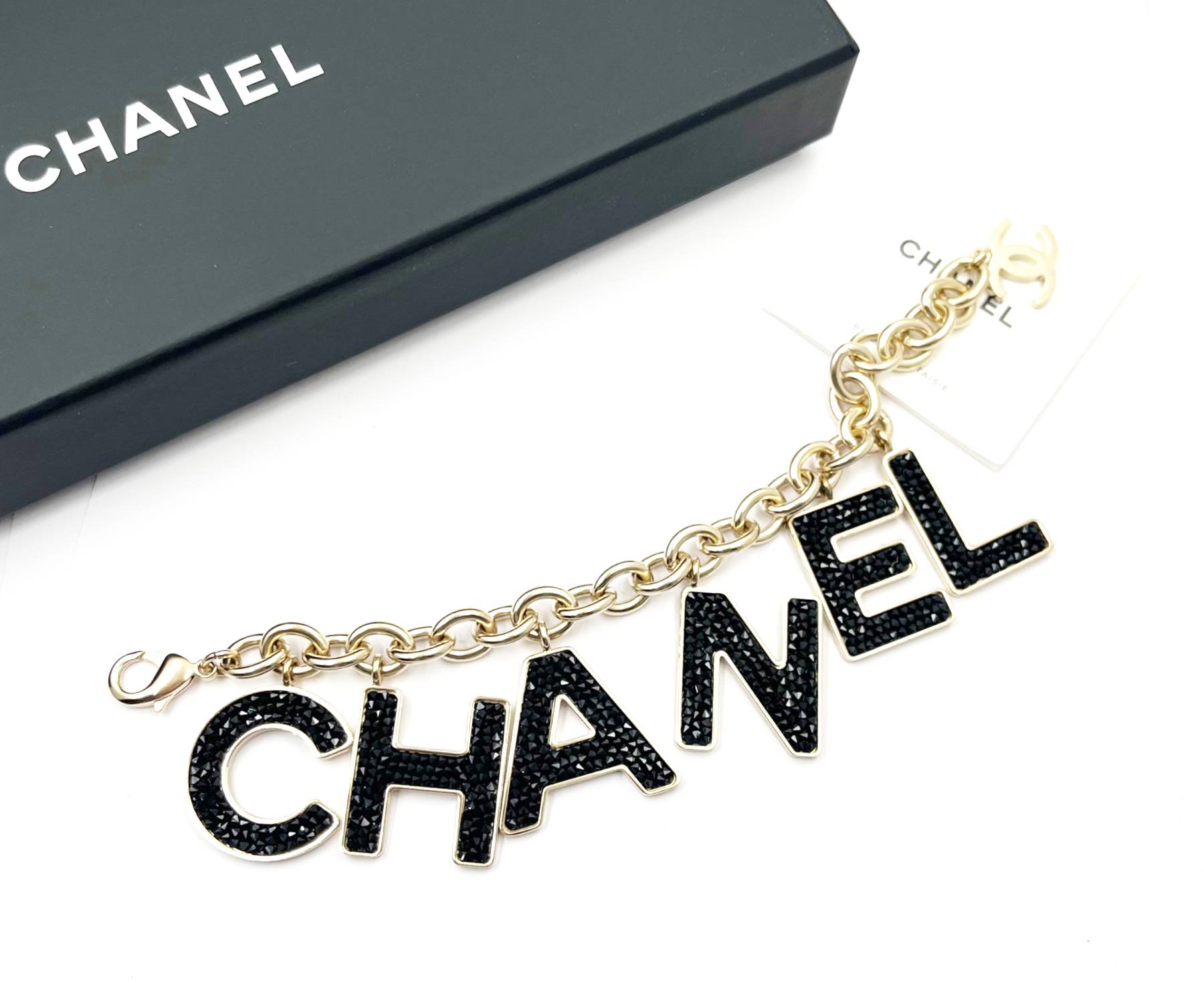Chanel Gold CC Black Crystal Large Letter Chain Bracelet