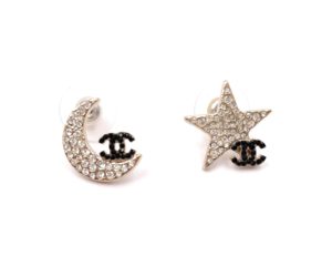 Chanel Super Rare Gold Star Moon Black Crystal CC Small Piercing Earrings