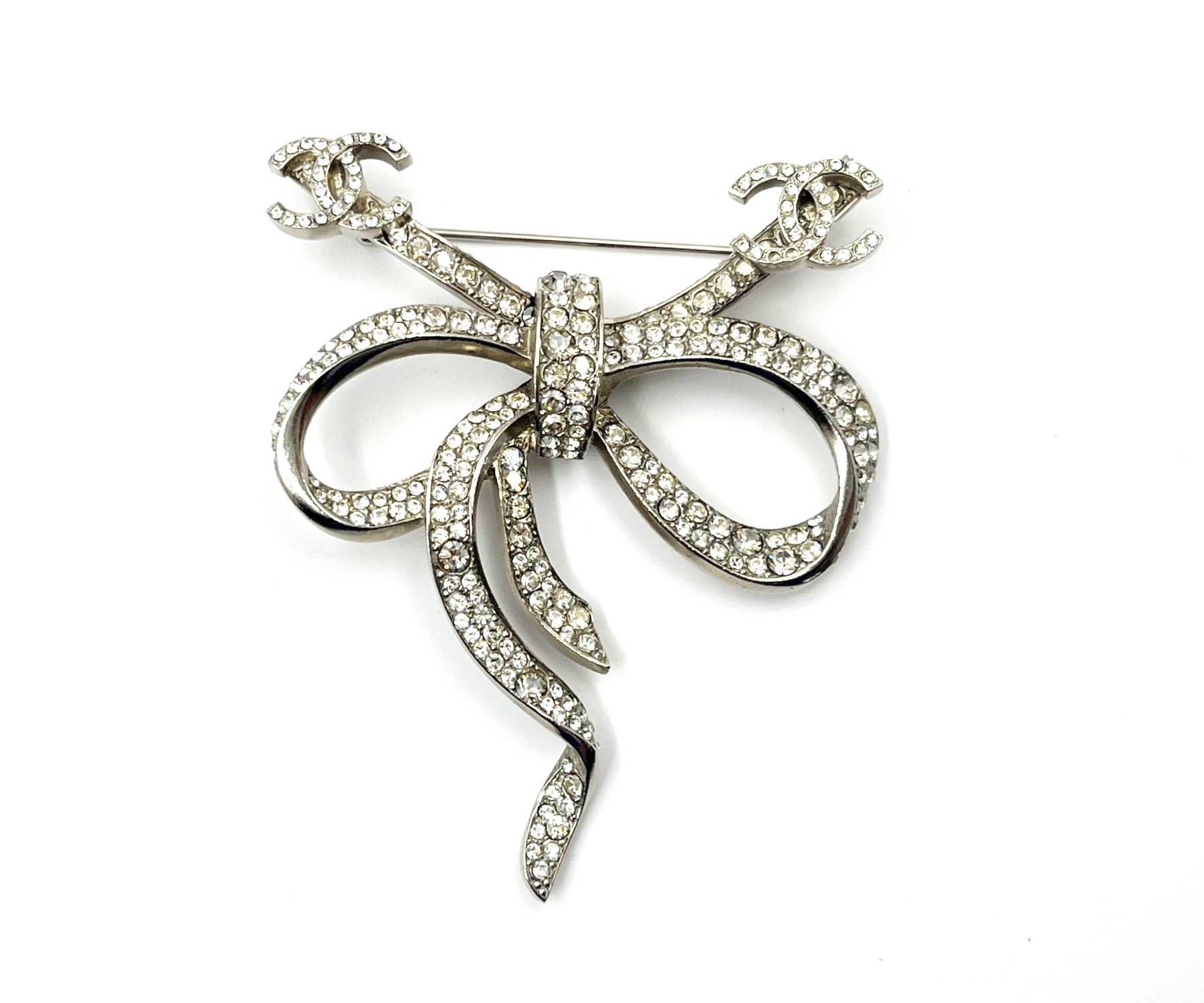 Chanel Silver CC Bow Ribbon Crystal Brooch