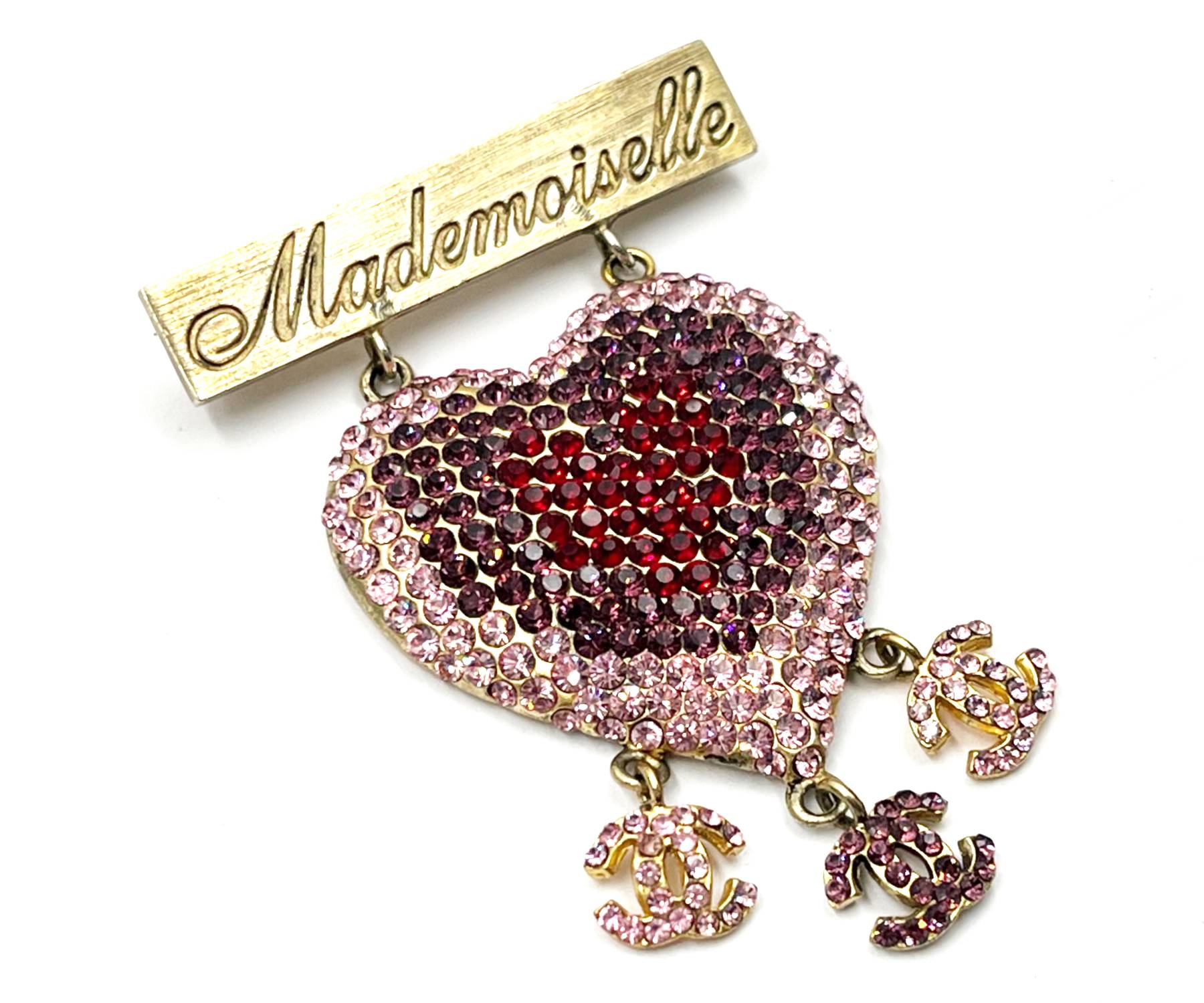 Chanel Vintage Rare Gold Plated Mademoiselle Pink Heart CC Brooch