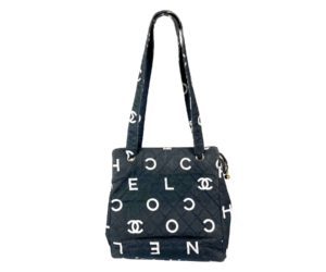 Chanel Vintage White Logo Black Canvas Tote Bag