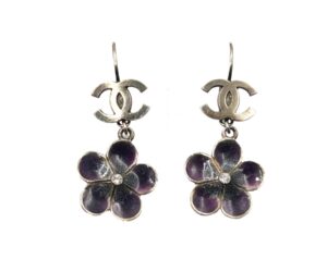 Chanel Gold CC Purple Flower Lever Back Piercing Earrings