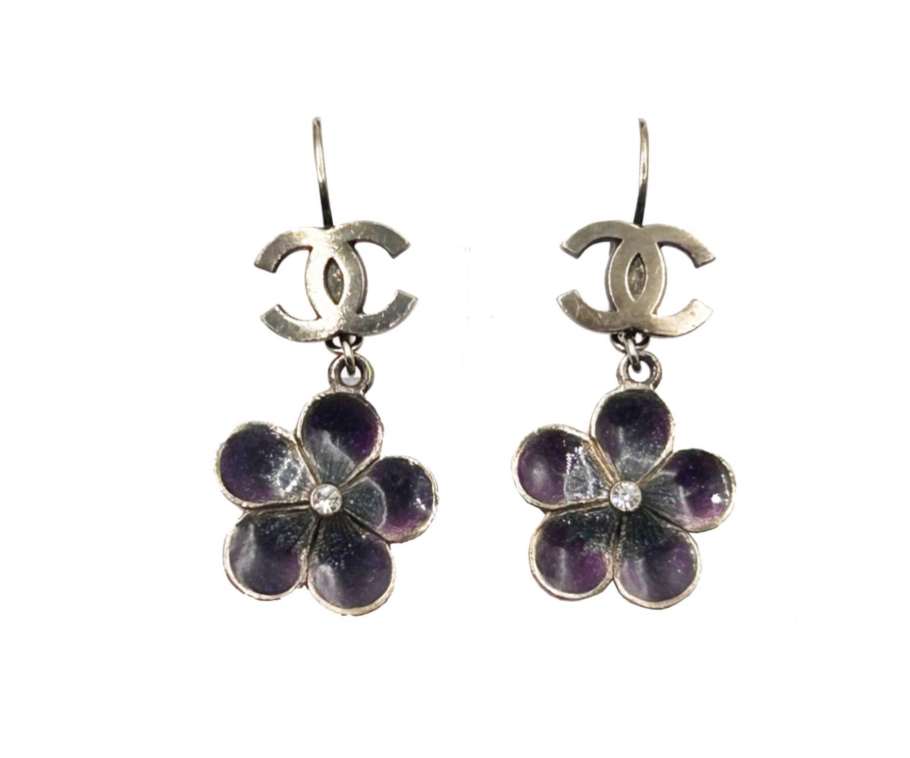 Chanel Gold CC Purple Flower Lever Back Piercing Earrings