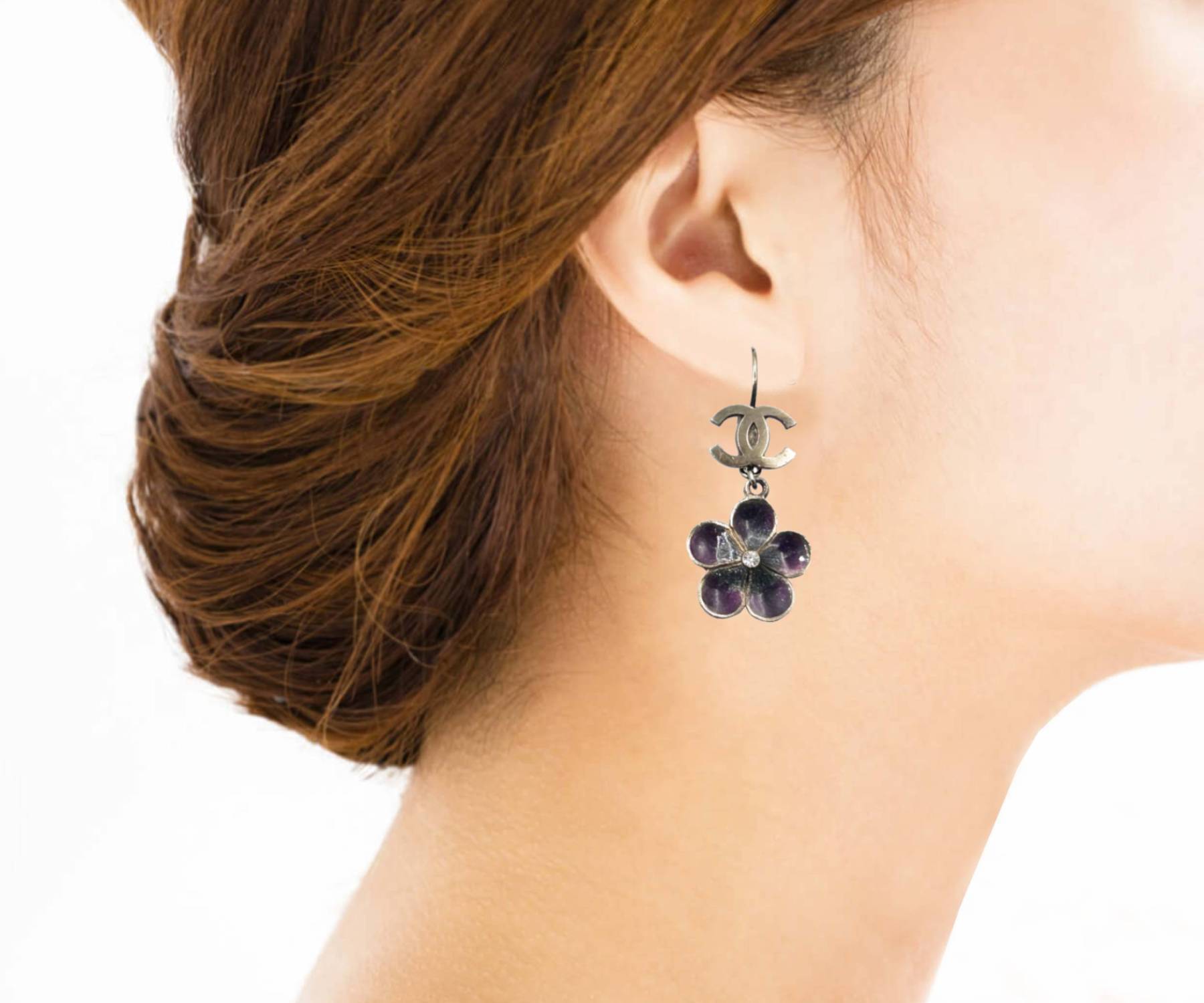Chanel Gold CC Purple Flower Lever Back Piercing Earrings - Image 2