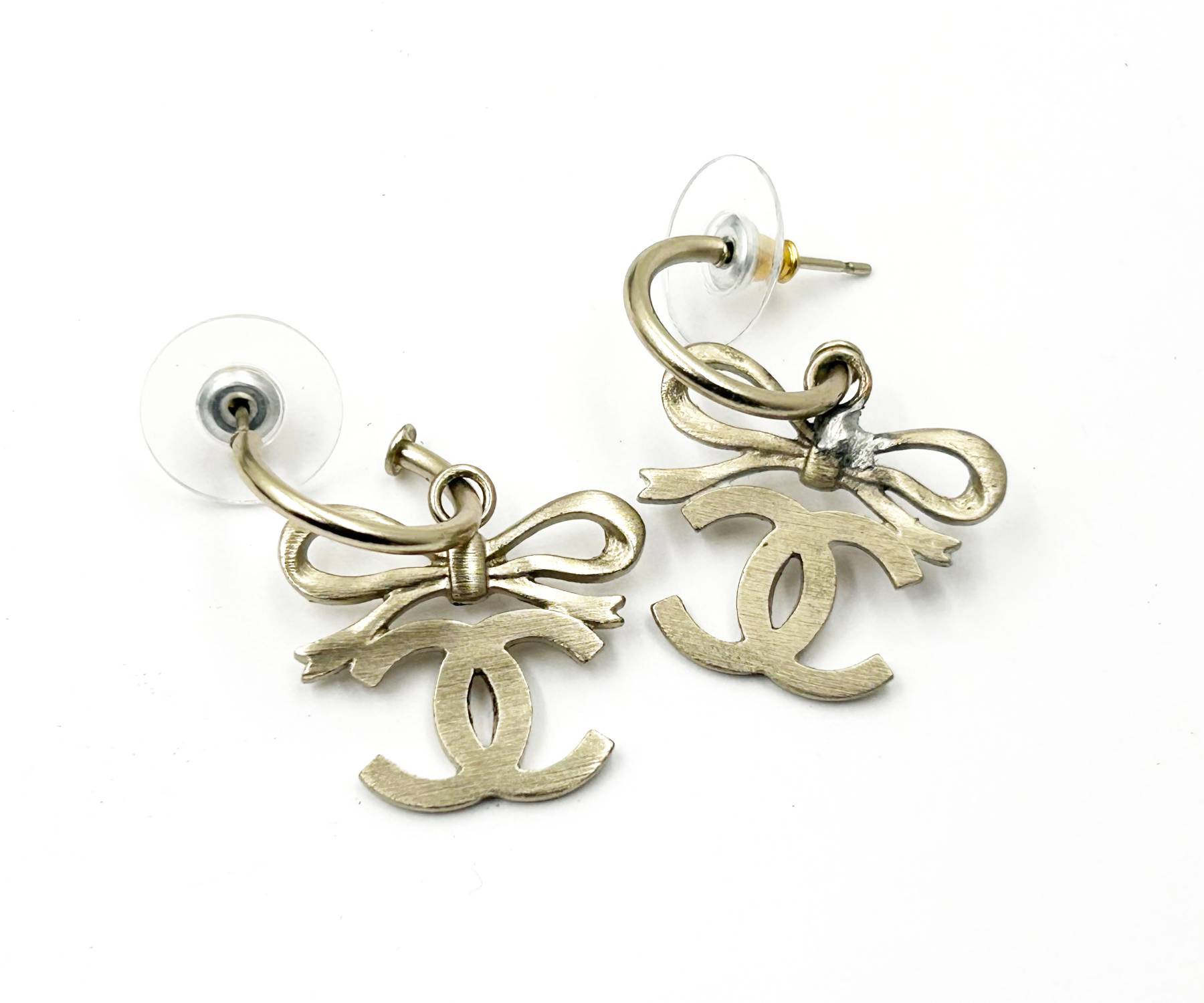 Chanel Lt Gold Ribbon Bow CC Hoop Earrings
