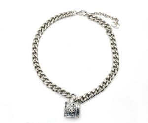 Chanel Silver CC Black Padlock Chain Necklace