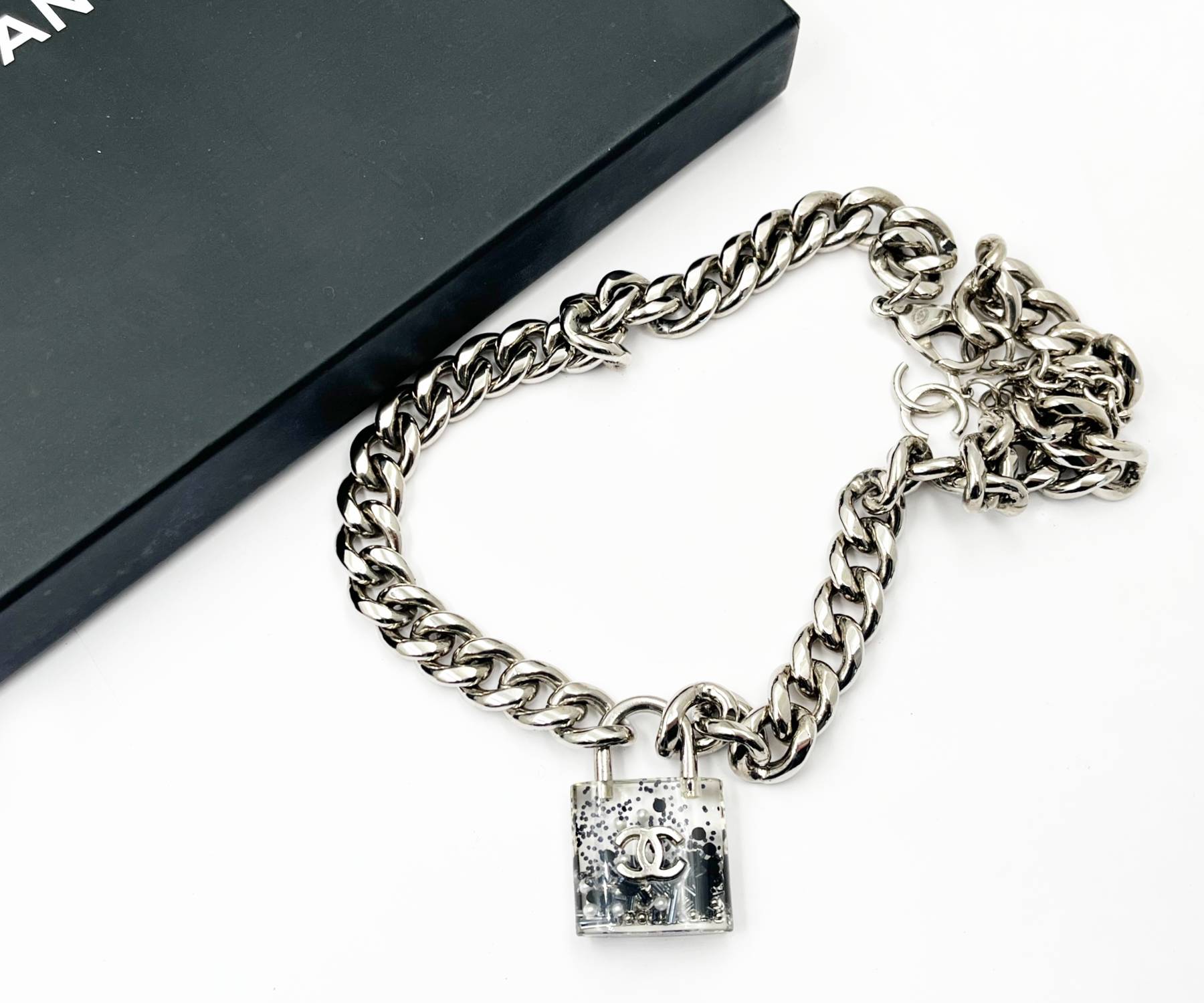 Chanel Silver CC Black Padlock Chain Necklace - Image 2