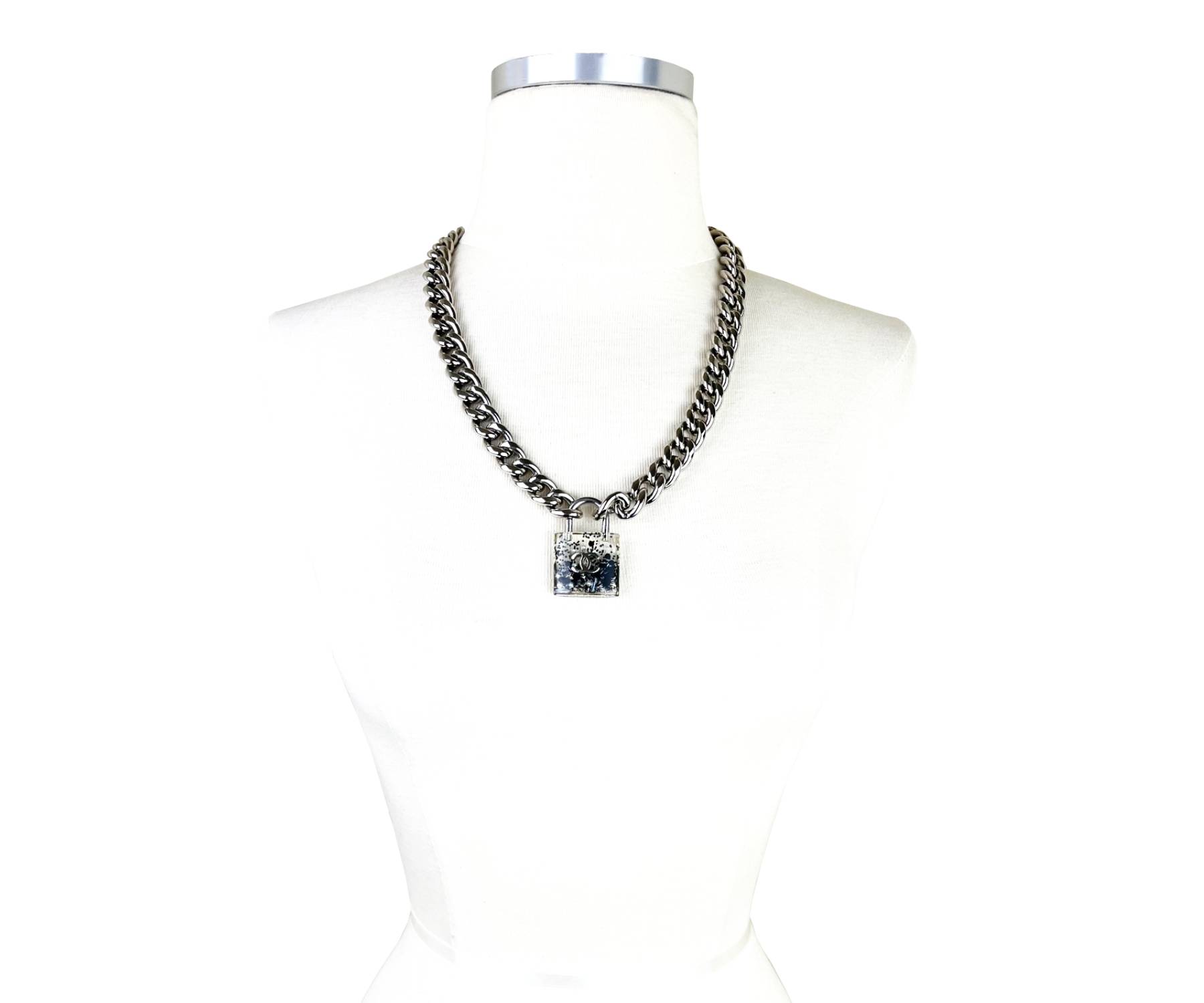 Chanel Silver CC Black Padlock Chain Necklace - Image 3