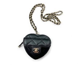 Chanel Sold Out Black Heart Pouch Necklace Wristlet Bag