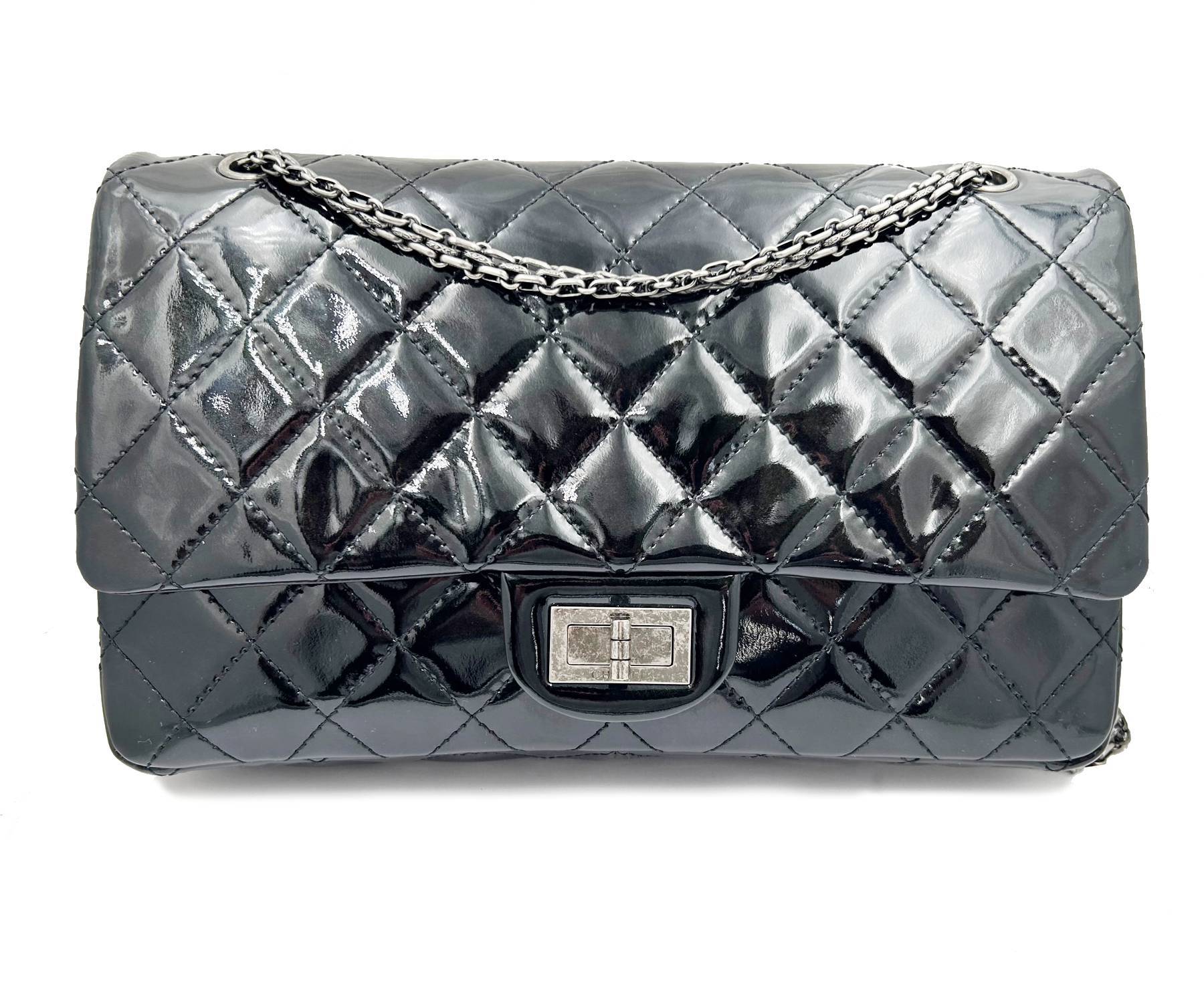 Chanel Black Patent Leather Ruthenium Hardware 2.55 Jumbo Shoulder Bag