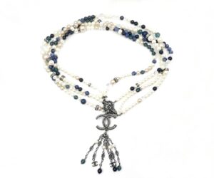 Chanel Super Rare Blue Stone Pearl Gunmetal CC Tassel Large Pendant Super Long Necklace