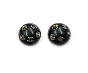 Chanel Silver CC Flower Black Dome Clip on Earrings