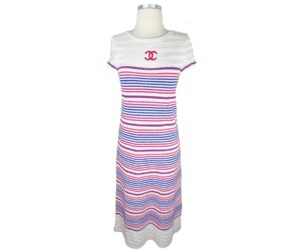 Chanel Brand New Reversible Ivory Blue Red Stripe Cashmere Linen Maxi Dress
