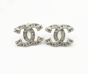 Chanel Silver CC Crystal Pillar Piercing Earrings