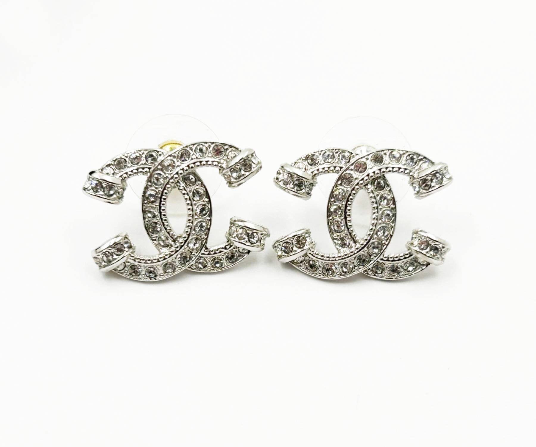 Chanel Brand New Silver CC Pillar Crystal Piercing Earrings - LAR