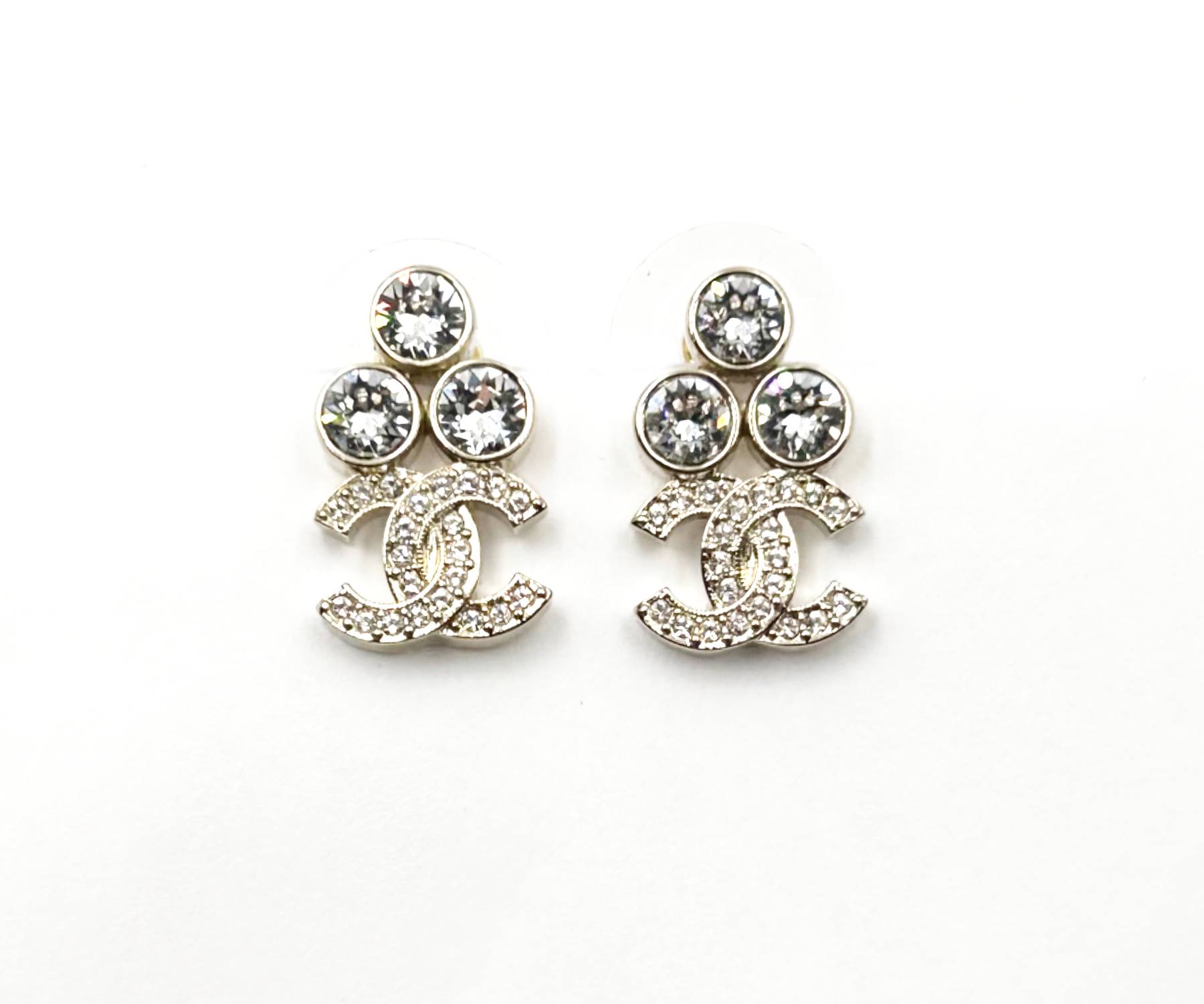 Chanel Brand New Gold 3 Round Crystal CC Small Piercing Earrings - Image 2