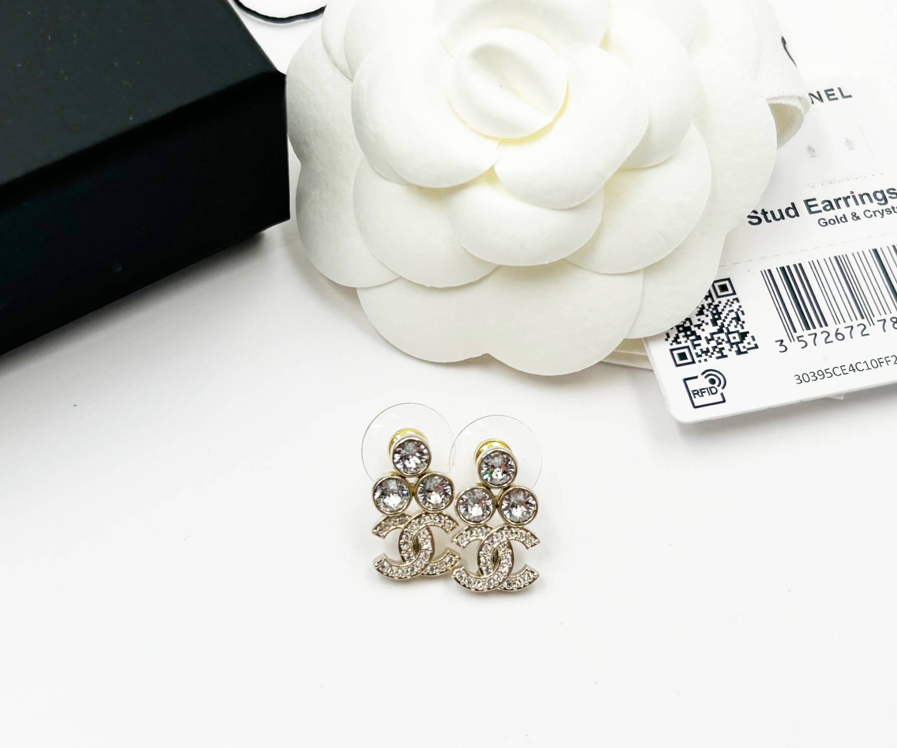 Chanel Brand New Gold 3 Round Crystal CC Small Piercing Earrings - Image 3