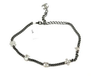 Chanel Brand New Silver 5 Crystal Charms Gunmetal Chain Choker Necklace