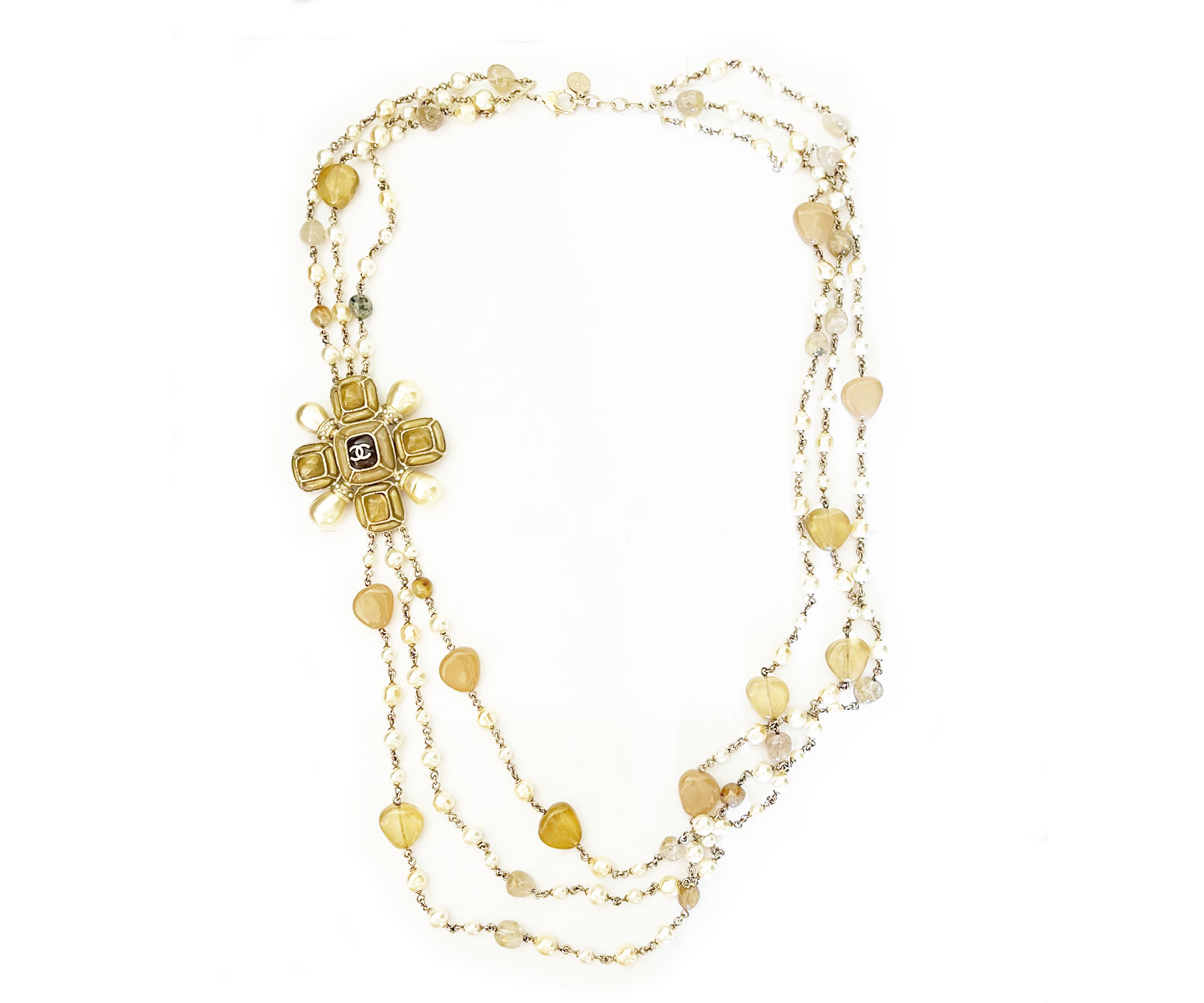 Chanel Beige Cross Stone Bead Pearl 3 Strand Necklace 100 Yr Anniversary