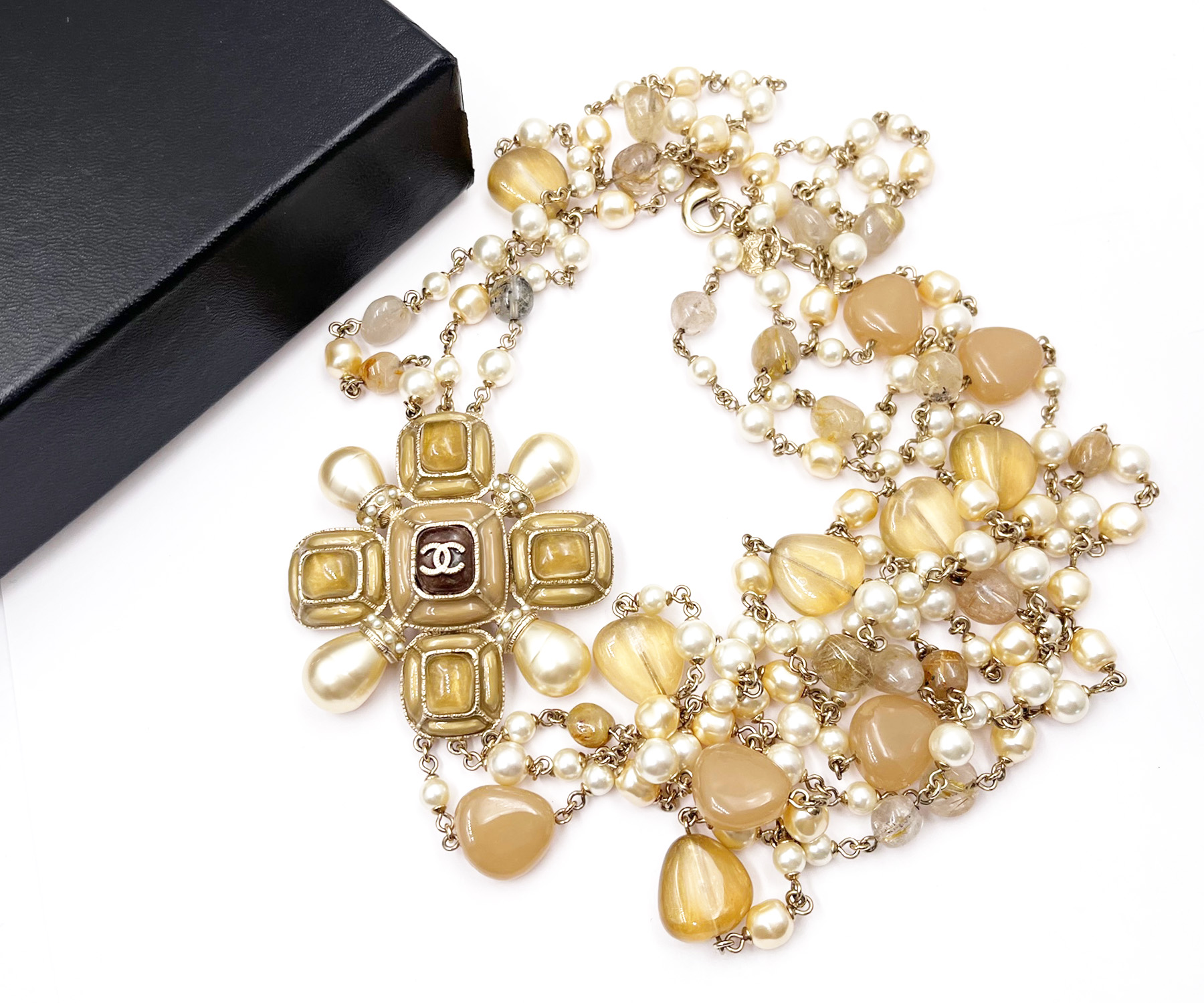 Chanel Beige Cross Stone Bead Pearl 3 Strand Necklace 100 Yr Anniversary - Image 2