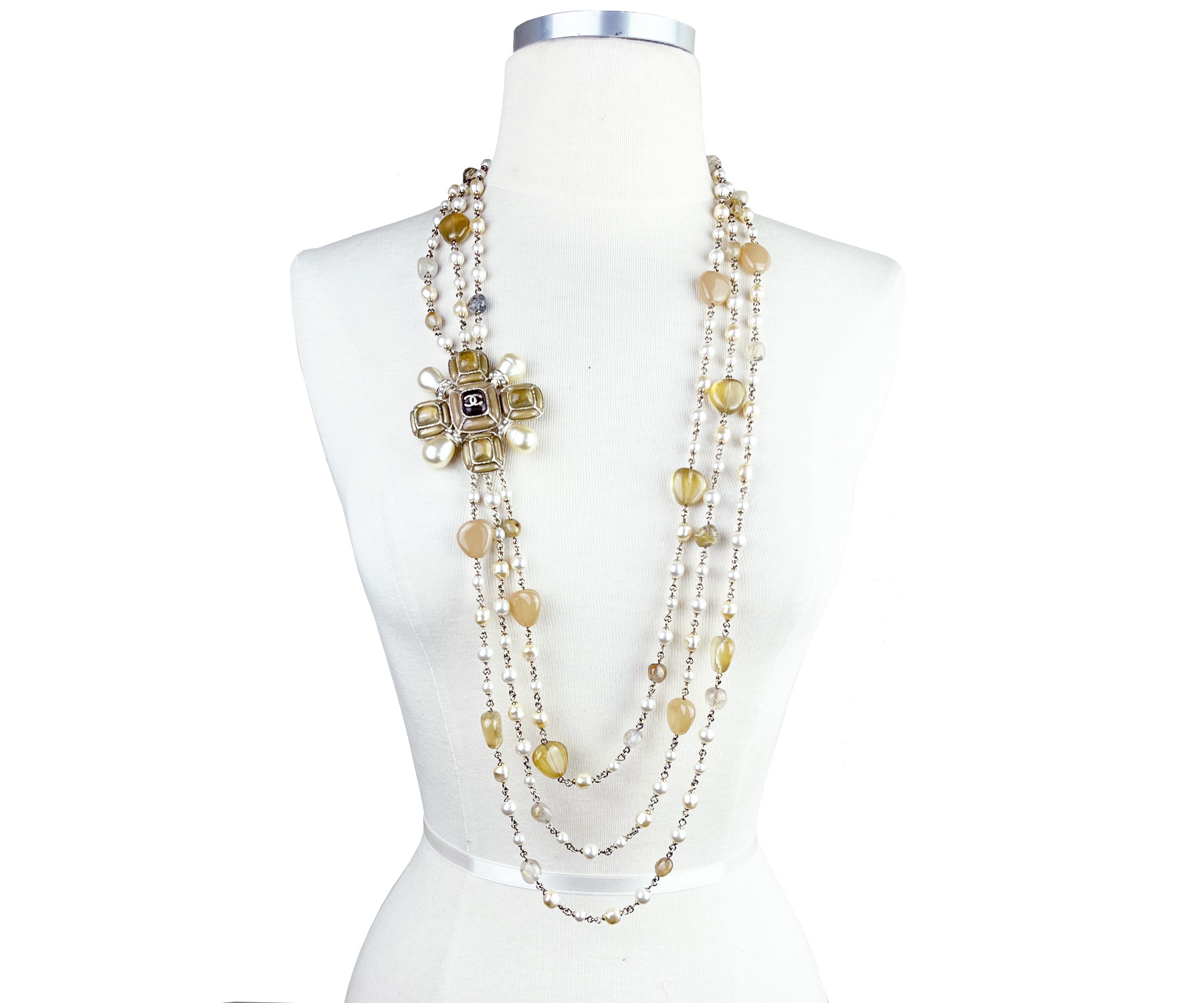 Chanel Beige Cross Stone Bead Pearl 3 Strand Necklace 100 Yr Anniversary - Image 3