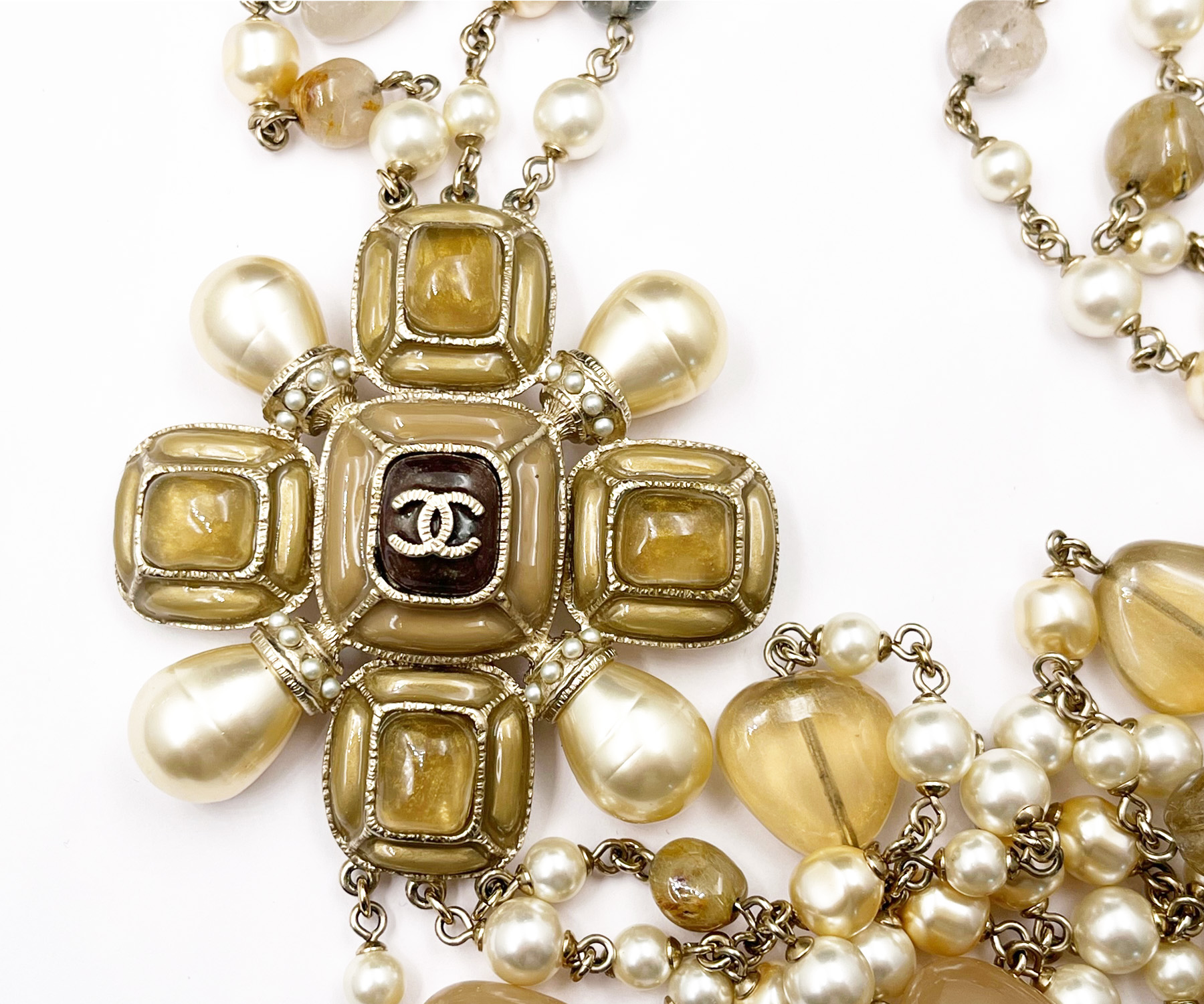 Chanel Beige Cross Stone Bead Pearl 3 Strand Necklace 100 Yr Anniversary - Image 4
