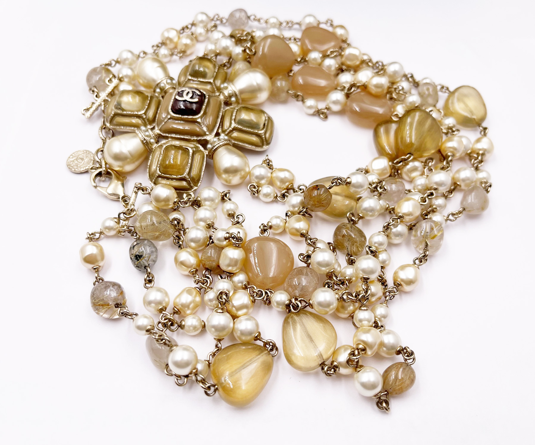 Chanel Beige Cross Stone Bead Pearl 3 Strand Necklace 100 Yr Anniversary - Image 5