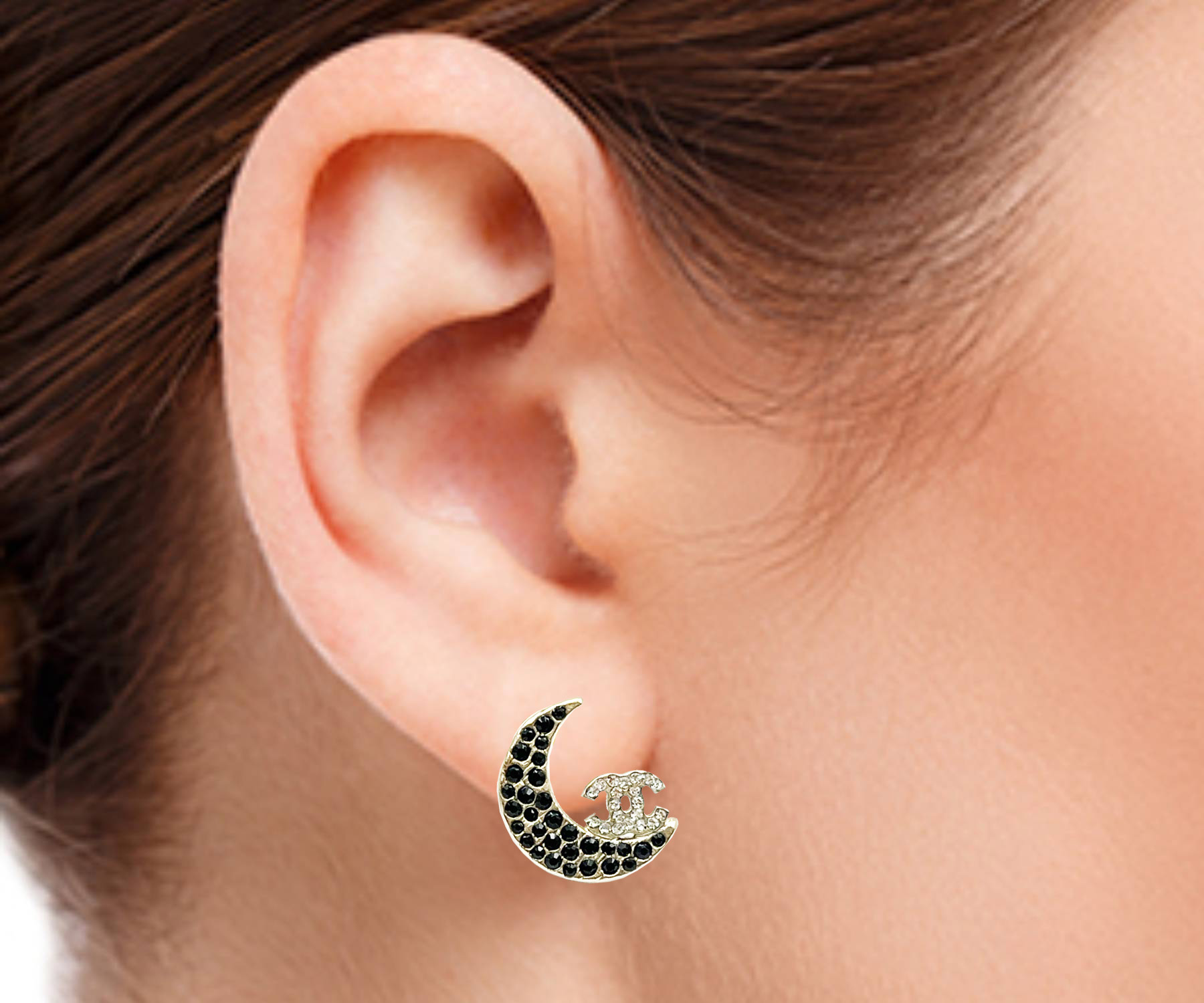 Chanel Super Rare Star Moon Black Crystal CC Small Piercing Earrings - Image 3