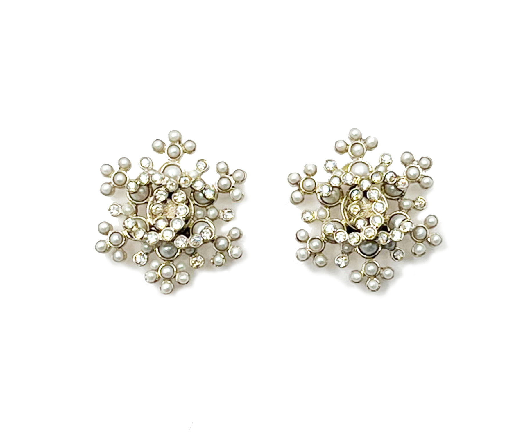 Chanel Gold CC Seed Pearl Snowflake Piercing Earrings