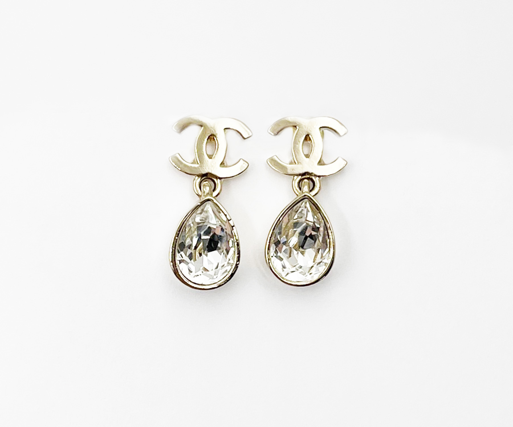 Chanel Gold CC Tear Drop Crystal Dangle Piercing Earrings