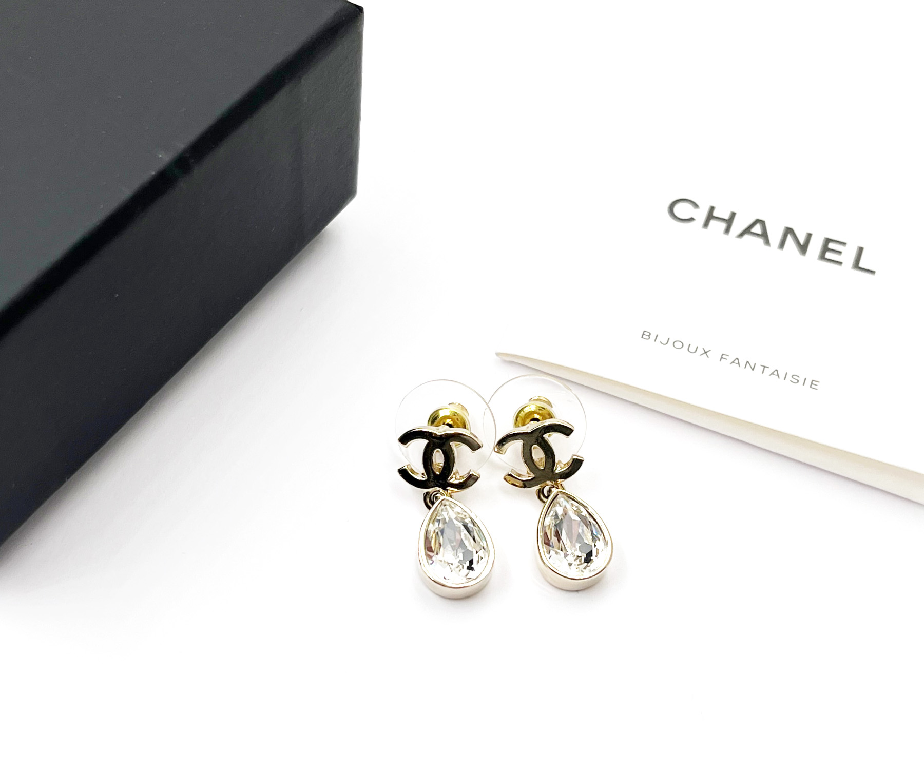 Chanel Gold CC Tear Drop Crystal Dangle Piercing Earrings - LAR