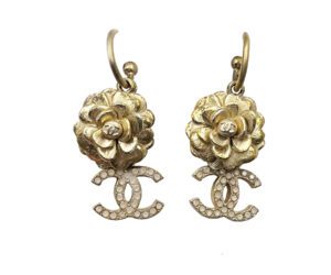 Chanel Gold Camellia Flower CC Opal Crystal Dangle Piercing Earrings