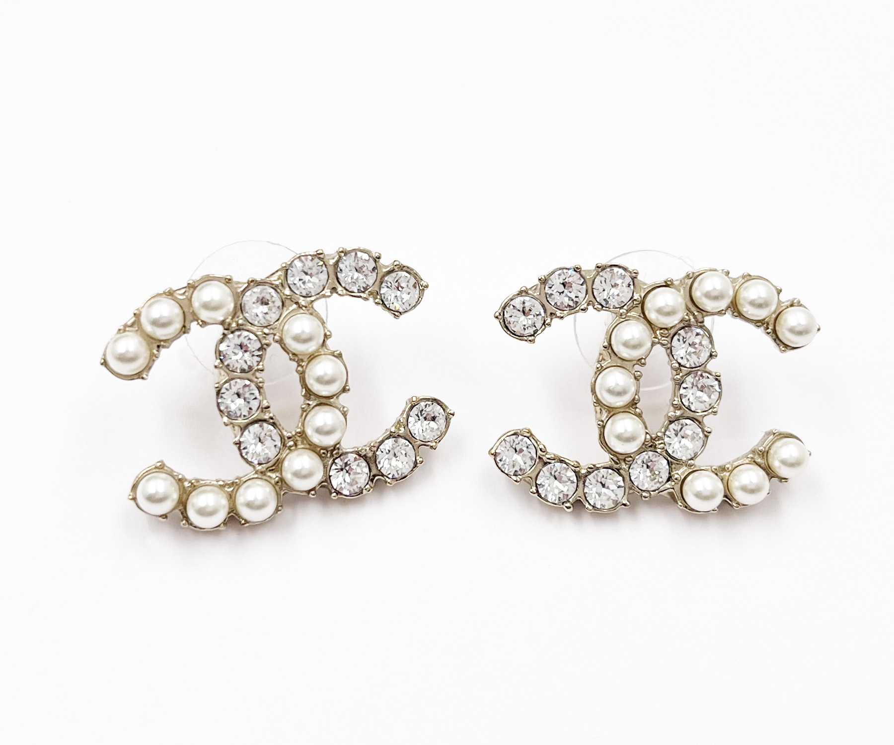 Chanel Gold CC Half Half Pearl Crystal Large Piercing Earrings - LAR Vintage